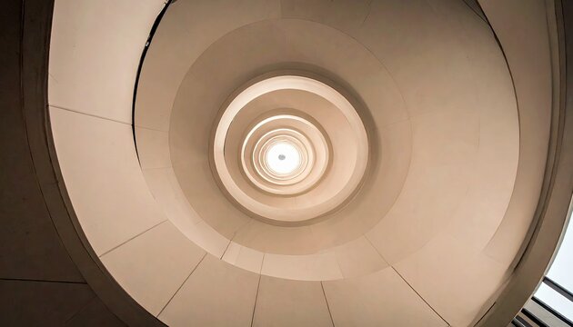 A view looking directly up into a modern spiral staircase, with concentric circles of concrete or stone leading to a bright light source at the top.