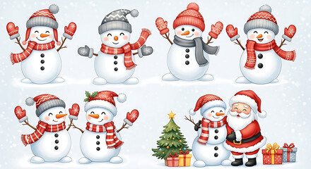 A collection of cartoon snowmen and Santa Claus celebrating the winter holidays.