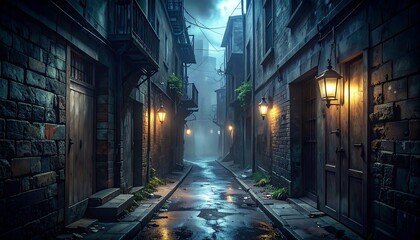 Moody cobblestone alleyway at night, illuminated by gas lamps, buildings lining its edges