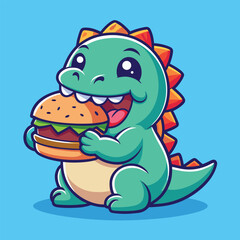 Fototapeta premium Little cartoon dinosaur joyfully eating a tasty big hamburger