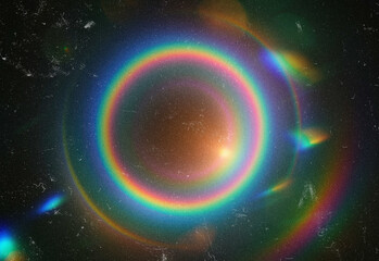 Close-up of a vibrant cosmic halo featuring multi-colored concentric rings radiating from a bright central glow, capturing a surreal space phenomenon and lens-like light effects