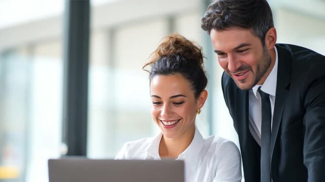 Shared Vision in Business: Two business colleagues collaborate closely, their faces alight with a shared vision as they focus on a laptop, symbolizing teamwork.