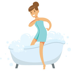 Cheerful Young Woman Wrapped In A Light Blue Towel Enjoys Bath Time With Bubbles In A Bathtub