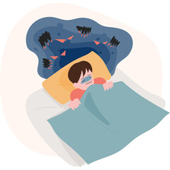 Child Frightened in Bed at Night Experiencing Nightmares with Dark Shapes and Red Eyes Emerging from a Cloud Above