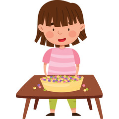 Cheerful Young Girl With Brown Hair Wearing A Pink Striped Shirt Plays With Colorful Flowers On A Wooden Table