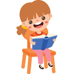 Cheerful young girl with orange hair sitting on an orange chair reading a blue book wearing a red shirt and pink pants