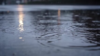 Cinematic slow motion close up of raindrops falling into a puddle on wet asphalt, creating mesmerizing ripples with reflections of city lights and a tree silhouetted against the moody dusk sky - Powered by Adobe