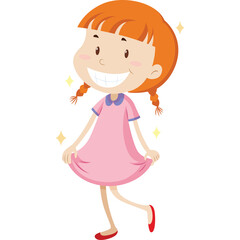 Cheerful young girl with pigtails and a pink dress sparkling with happiness and a bright smile