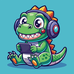 Cute cartoon dinosaur with headphones playing on tablet device