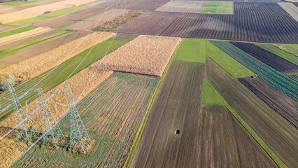 Aerial view of agricultural fields showcasing various shades of green and brown, with power lines intersecting the landscape. This image depicts farmland in the countryside, ideal for environmental t © daily_creativity