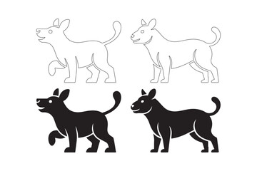 Two black dog silhouettes and two line art dog drawings