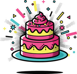 Vintage Two-Tier Cake Vector Illustration in Pop Art Comic Style with Pink Frosting, Sprinkles, and Dynamic Halftone Background