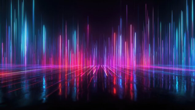 Glowing neon lines ascend from a dark, reflective surface in vibrant colors