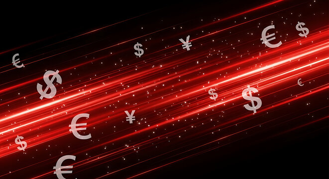 Abstract streaks of light with currency symbols on a black background. - Powered by Adobe