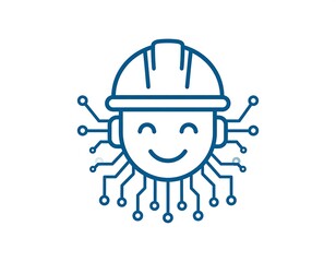 Cartoon-style tech worker with circuits around the head and safety helmet