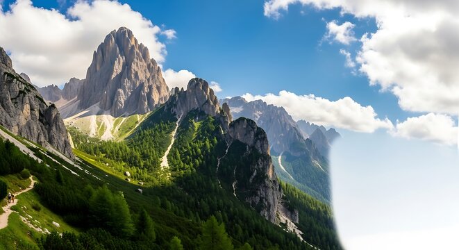 Dramatic jagged mountain peaks rise majestically against a bright blue sky with fluffy white clouds - Powered by Adobe