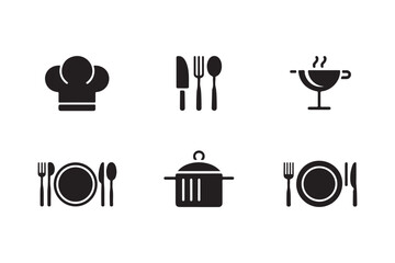Collection of six black and white cooking and dining icons