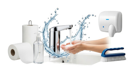 Hygiene and sanitation products including hand washing and drying isolated on transparent background