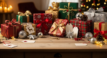 A collection of beautifully wrapped Christmas gifts are displayed on a wooden table with festive decorations.