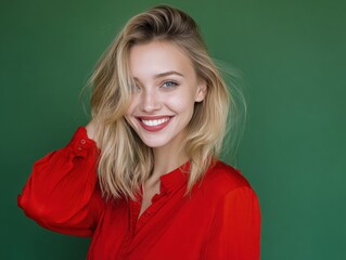 Obraz premium Smiling person with blond hair, bright red blouse, and blue eyes, looking directly at the camera. They have a relaxed pose, hand to their hair, radiating warmth and friendliness