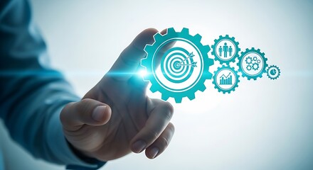 Hand touching gear mechanism, representing business process automation and strategy