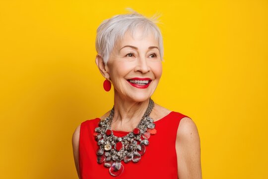 Elderly woman with short white hair, wearing a red sleeveless top, large statement necklace, and matching earrings, smiling joyfully against a vibrant yellow background