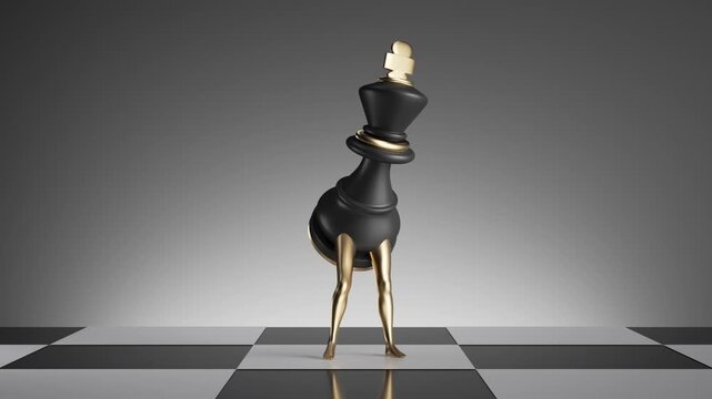Unique 3D king chess piece with golden legs dancing, surreal animation loop ideal for comedy, futuristic ads, memes, and creative stock video design.