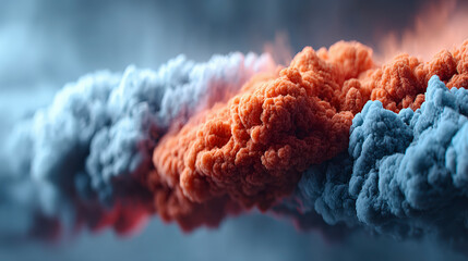 Vivid image of orange and blue smoke clouds merging, suggesting a dynamic interaction or collision, possibly symbolic or artistic.