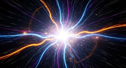 Abstract energy burst with colorful trails against dark background