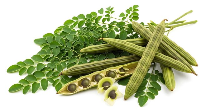 Fresh moringa oleifera pods and leaves isolated on white background healthy food ingredient