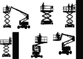 Silhouettes of aerial work platforms, boom lifts, scissor lifts, vertical mast lifts, construction workers at height, industrial safety, vector illustration set