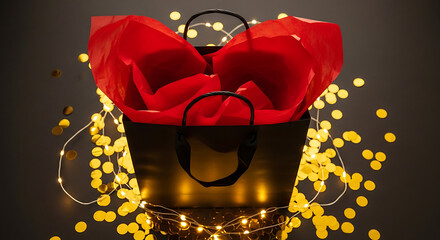 A black gift bag is filled with red tissue paper and surrounded by gold confetti and fairy lights.