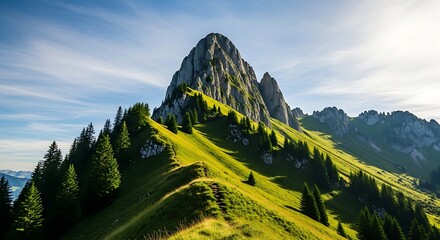 Dramatic jagged mountain peak covered in green trees under a bright blue sky