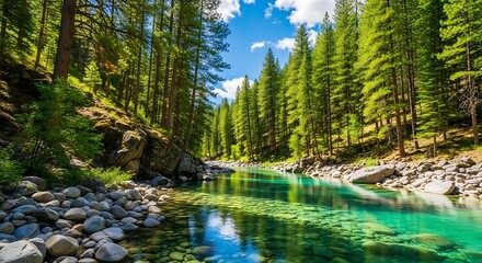 Fototapeta premium Crystal clear turquoise river flowing through a lush green forest with rocky banks