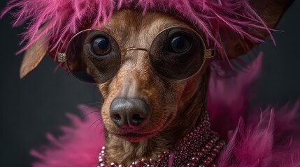 Stylish dog wearing round sunglasses and a pink feathered hat, adorned with a beaded necklace. The dog gazes forward with a confident expression, surrounded by fluffy feathers