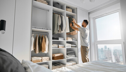Man organizing clothes in a bright, modern walk-in closet with built-in shelving