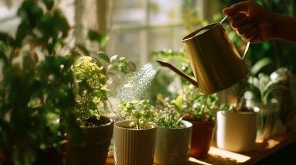 Fototapeta premium Person watering plants in sunlight by a window in a cozy living space