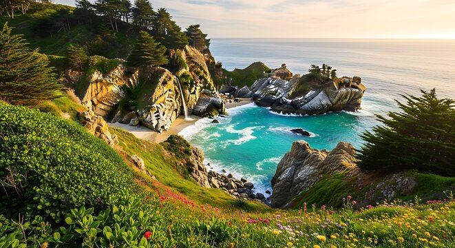 Dramatic coastal cliffs and turquoise water at mcway falls big sur california