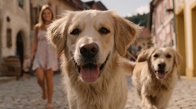 A golden retriever close to the camera, joyful expression, with another one slightly behind. A woman in a floral dress walks in a charming street with blurred medieval-style architecture