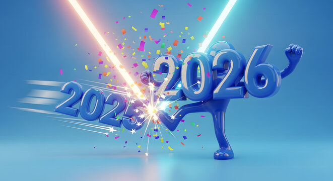 New Year 2026 kicks off 2025 with a bang, confetti, and bright lights in a vibrant celebration