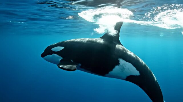 Majestic orca swimming gracefully just below the shimmering ocean surface, with beautiful sun rays penetrating the deep blue water, creating an ethereal and powerful wildlife scene