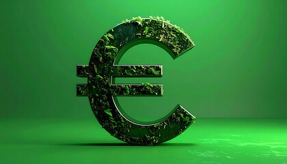 Moss-covered euro symbol stands on a green surface against a green backdrop. Fresh, environmental, and conceptual