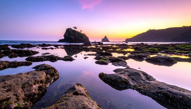 A tranquil beach scene at sunset features tide pools reflecting the vibrant purple and orange sky, with rocky outcrops and distant hills.