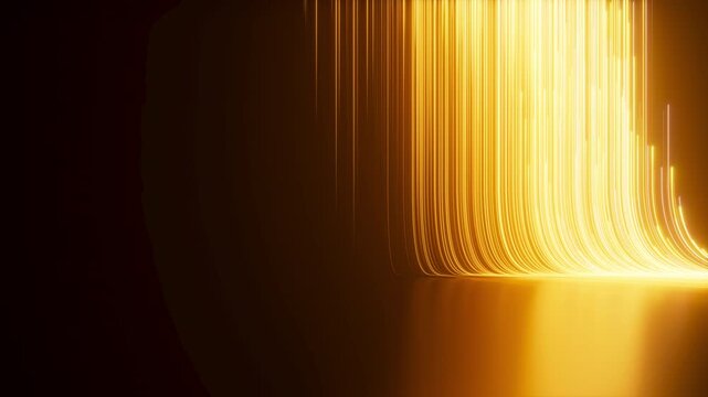 A futuristic visualization of big data flow and information streaming through high-speed optical fiber. Seamless looping 3D animation of glowing golden particles and neon light trails.