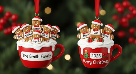 Two festive Christmas tree ornaments shaped like gingerbread people in mugs with personalized names and messages.