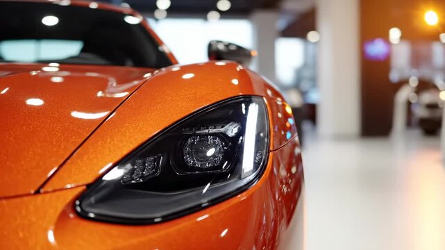 Close up view of a modern orange sports car's headlight in a dealership, with other new luxury vehicles displayed in the brightly lit, out of focus background of the showroom floor