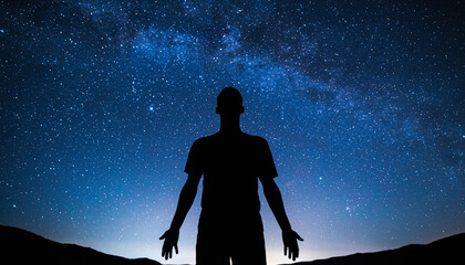 Silhouette of a person with arms outstretched under a starry night sky, seeking connection