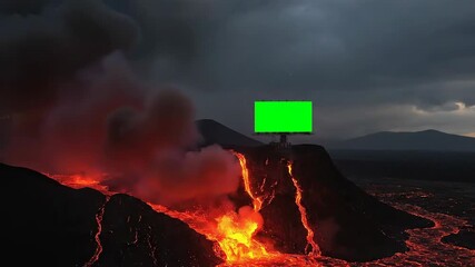 A towering billboard with a green screen stands atop a fiery volcano spewing lava under a dramatic lightning storm - Powered by Adobe