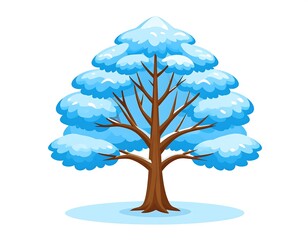 Cartoon-style tree with blue snow on branches, brown trunk, white ground