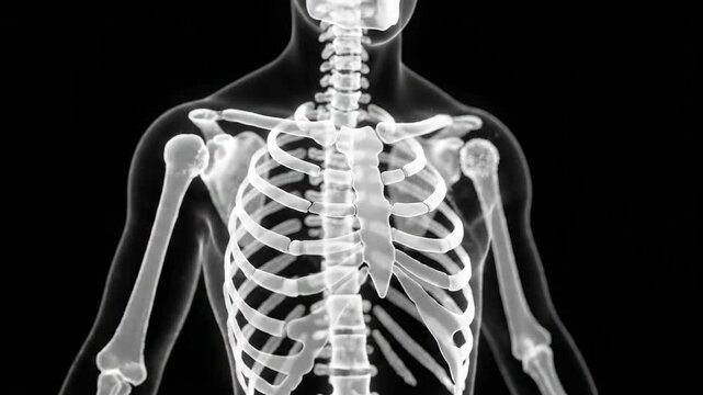 A translucent human skeleton displaying the thoracic cage ribs and sternum in a detailed scientific illustration